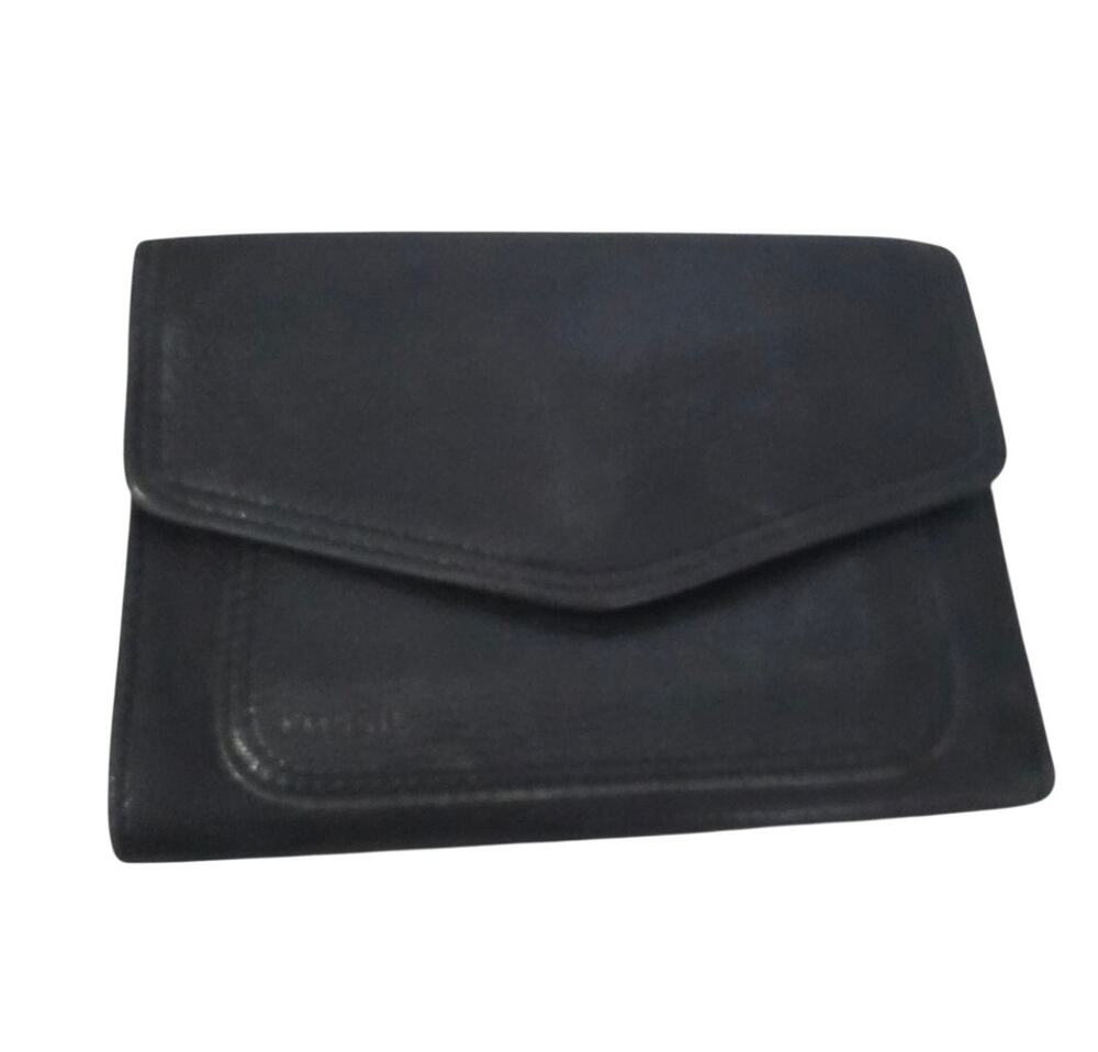 Vtg Fossil Black Genuine Leather Trifold Wallet Zip Pouch